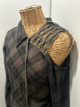 Load image into Gallery viewer, Nicholas K Green &amp; black Cotton Blend Plaid cut  out lace up detail Top
