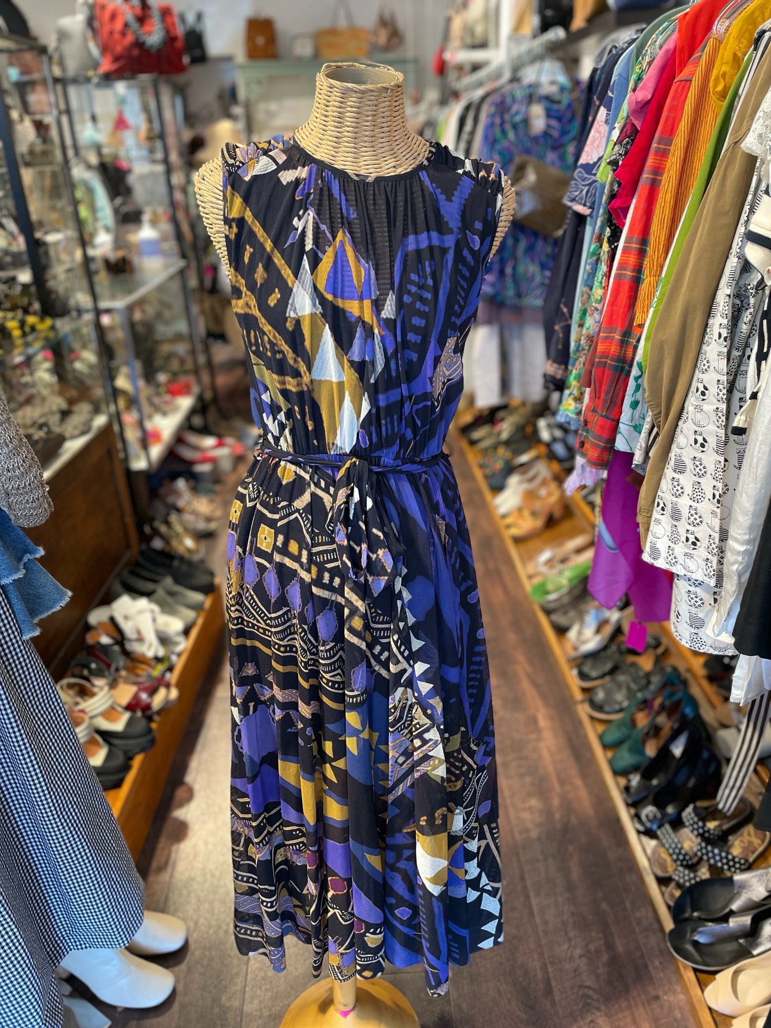 FUZZI Blue, Black & Multi polyamide nylon Abstract Sleeveless Belted Dress, Size M