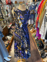 Load image into Gallery viewer, FUZZI Blue, Black &amp; Multi polyamide nylon Abstract Sleeveless Belted Dress, Size M
