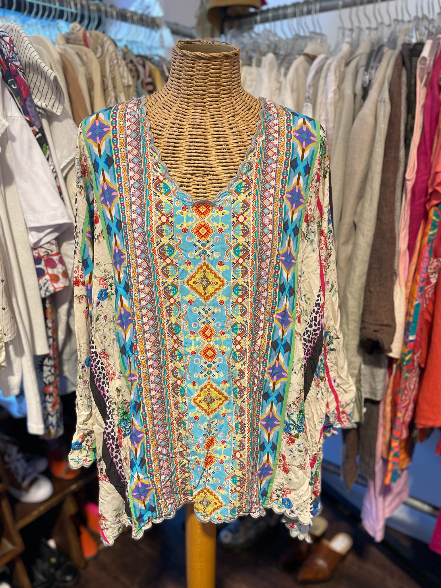 Johnny Was multicolor Rayon Printed NWT! Bell sleeves Top, Size S