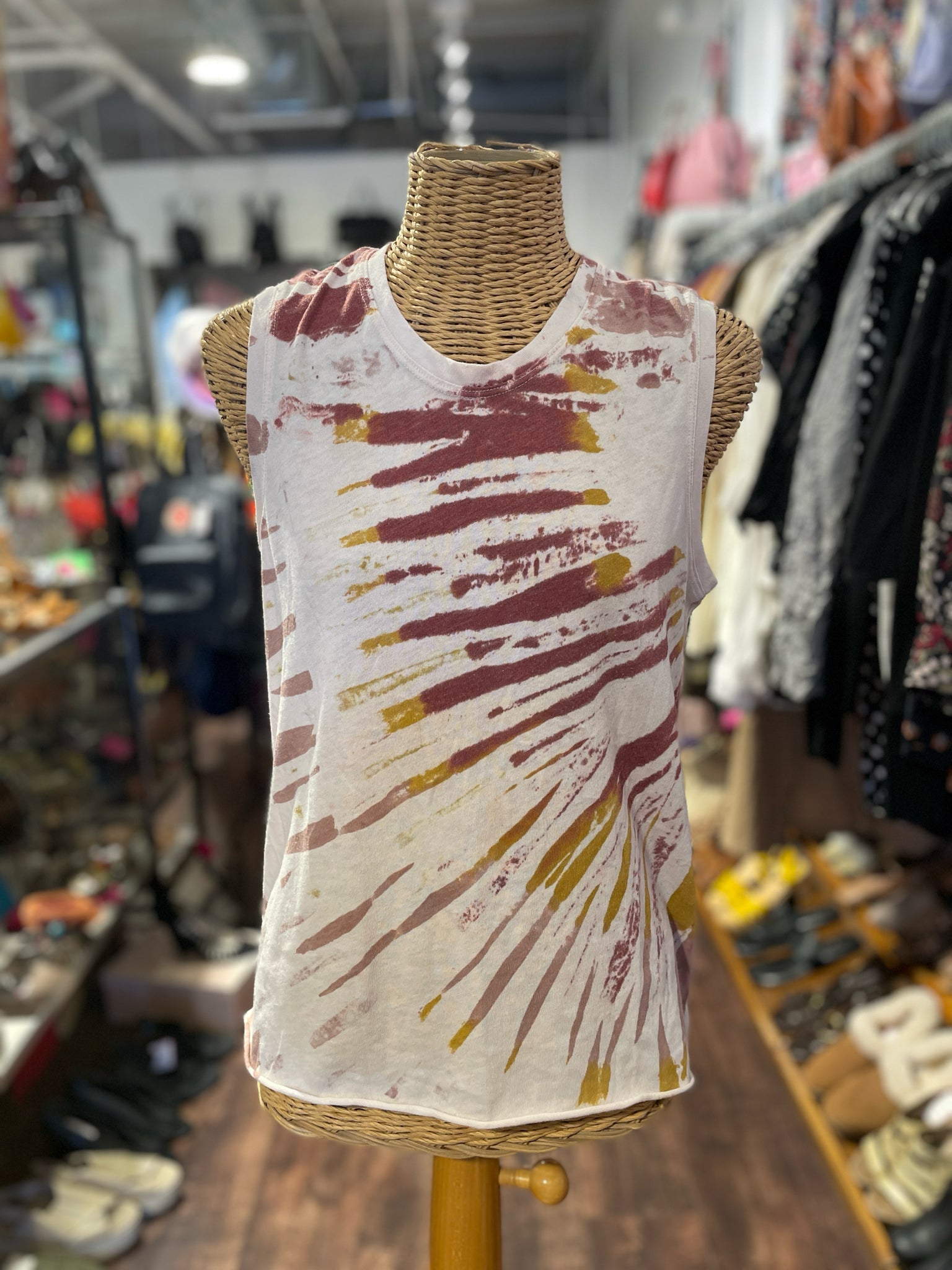 Raquel Allegra white, red, yellow cotton & poly Tie Dye Sleeveless Top, Size 3=L