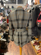 Load image into Gallery viewer, Theory brown, black, white Wool Blend Plaid Belted Blazer, Size 0

