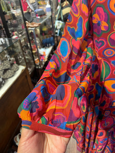 FARM Rio red, blue, orange viscose & modal fun shapes Long sleeve Dress, Size S