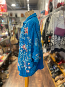 Biya blue, white, red cotton & poly floral embroidery raw hem Top, Size S