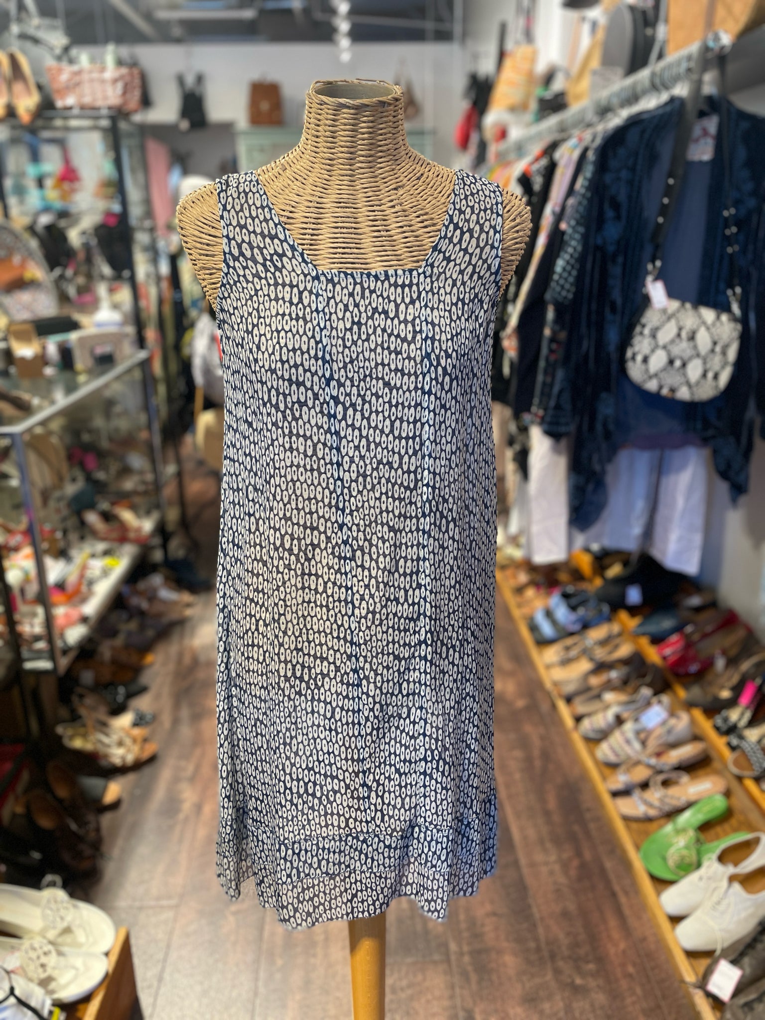 Eileen Fisher Blue & White Silk abstract circles Dress, Size XXS