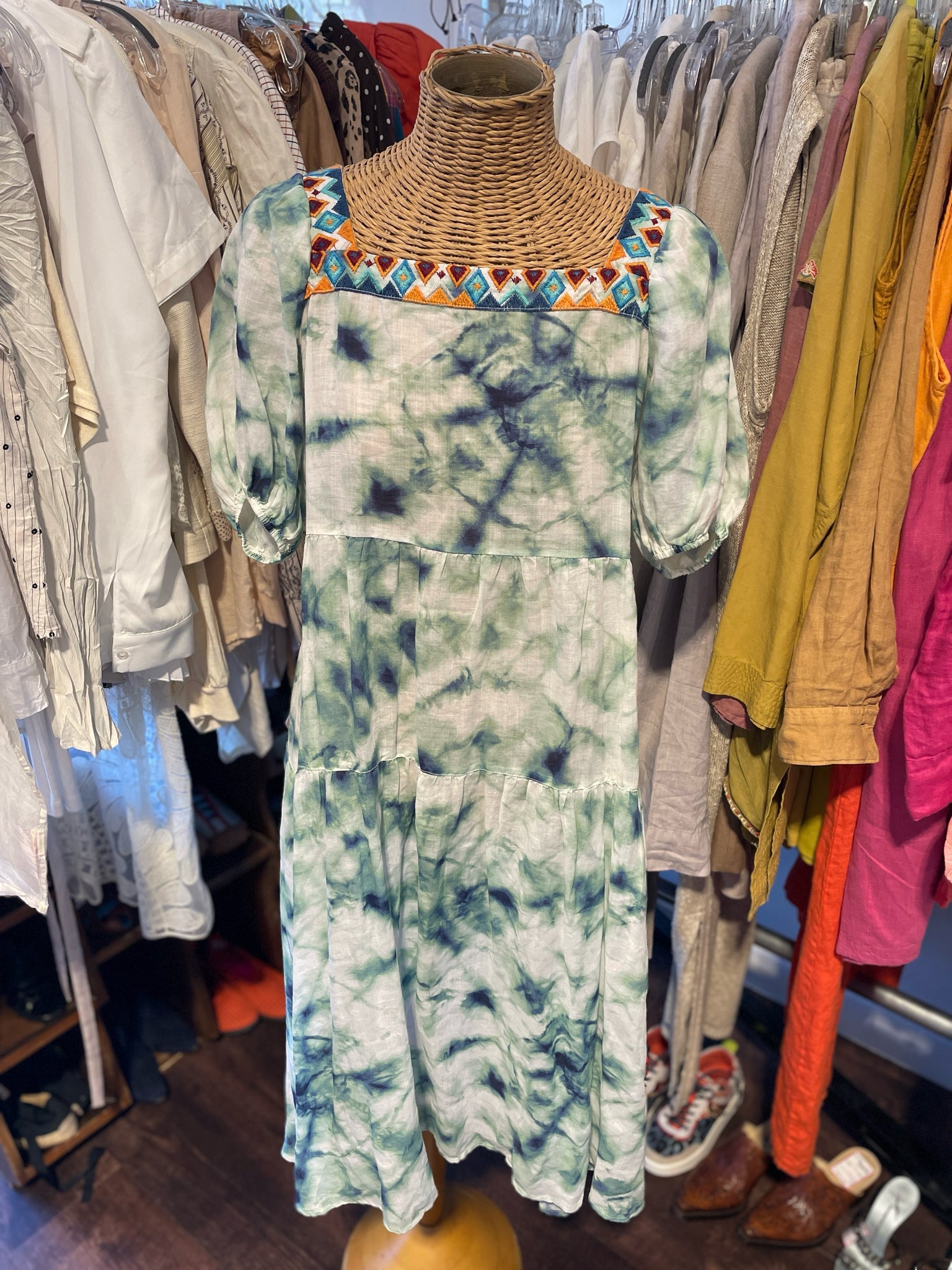 Johnny Was Workshop White & Green Cotton Blend Tie Dye embroidered Dress, Size S