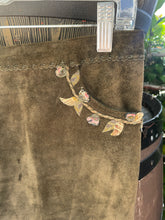 Load image into Gallery viewer, Gossamer wings Green Suede floral embroidary Floral Stitching snap &amp; zip Pant
