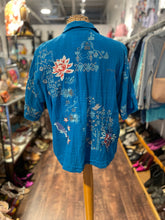 Load image into Gallery viewer, Biya blue, white, orange cotton &amp; poly embroidered raw hem Top, Size S
