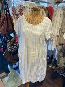 CP Shades Blue & White Linen Stripe pockets Dress, Size M