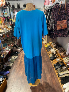 Johnny Was Turquoise Cotton embroidered Short sleeve Ruffle Trim Dress, Size L