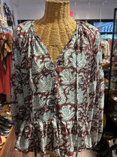 Load image into Gallery viewer, Hannah Artwear brown &amp; turquoise 100% silk Floral Top, Size 2=Medium
