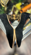 Load image into Gallery viewer, Charlotte Stone Black Suede w/gold heel Shoe, Size 10
