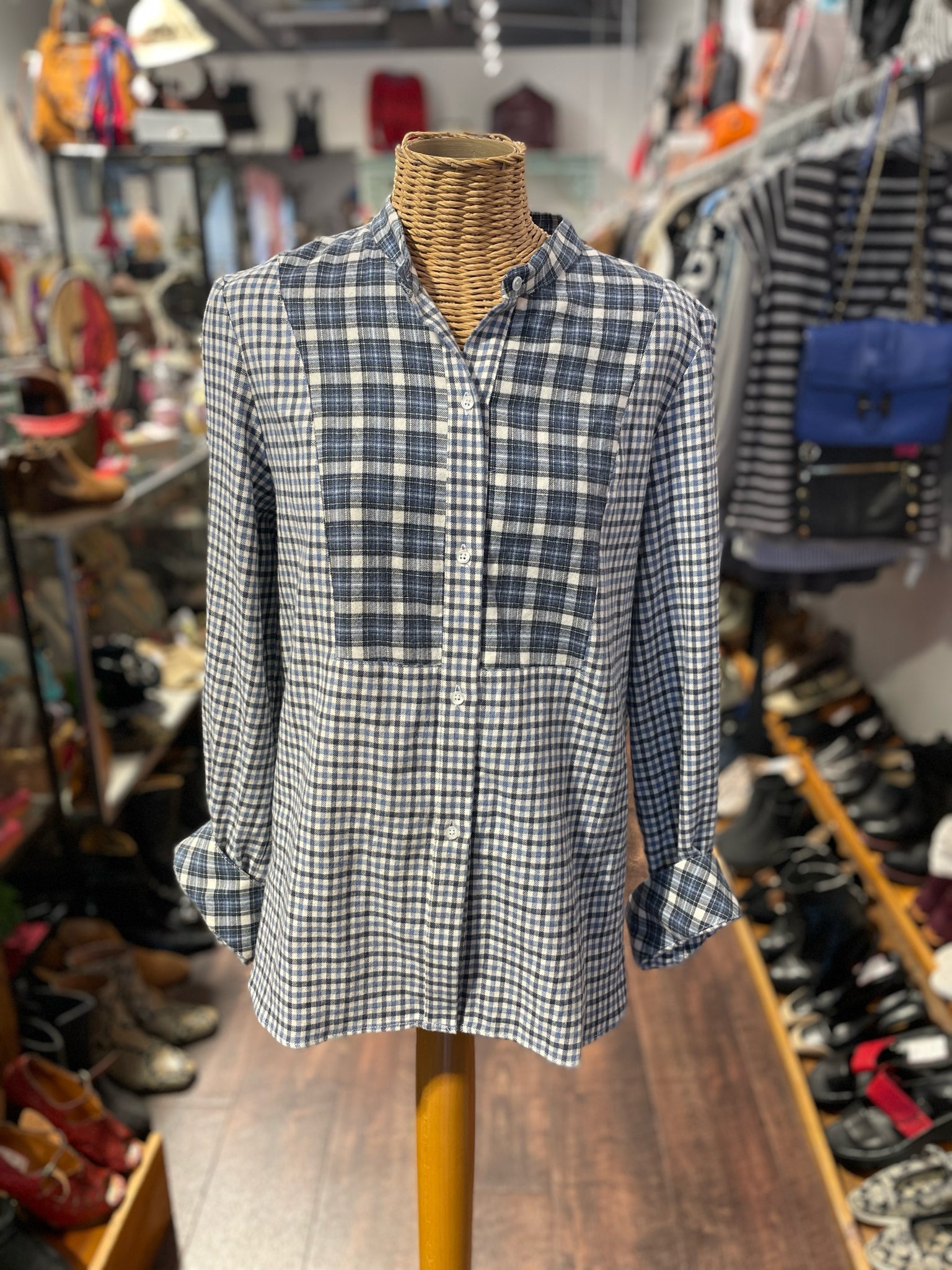TWP Blue & White Cotton Checkered Button up Top, Size M