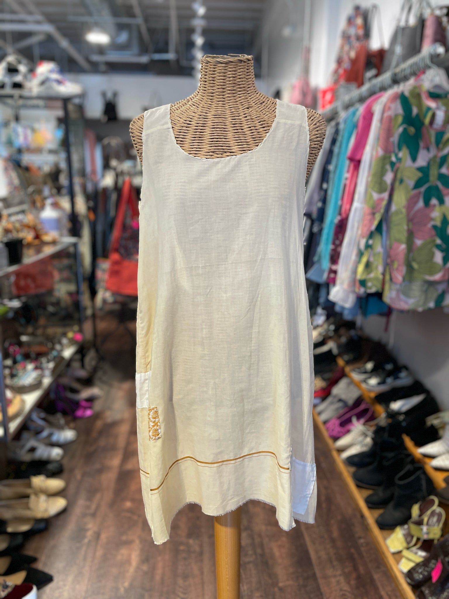 Hazel Brown Beige Cotton Patchwork Sleeveless raw hem Dress, Size 3=L