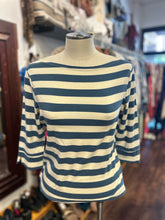 Load image into Gallery viewer, marianna deri ivory &amp; blue Cotton striped Mid sleeves boat neck Top
