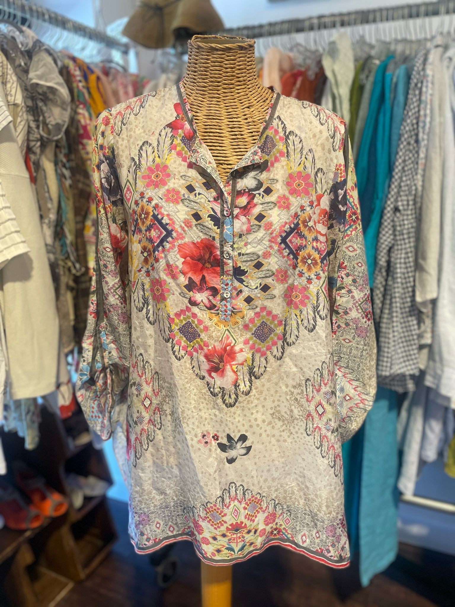 Johnny Was pink, yellow, ivory Silk Floral Long sleeve Top, Size S