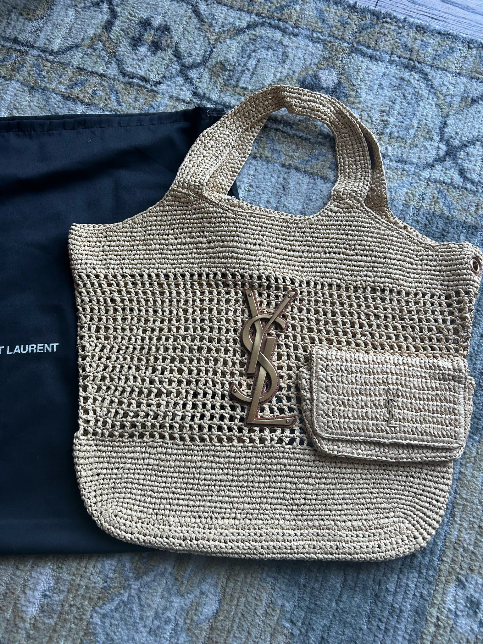 Saint Laurent Natural Raffia Logo Large Purse, duster included