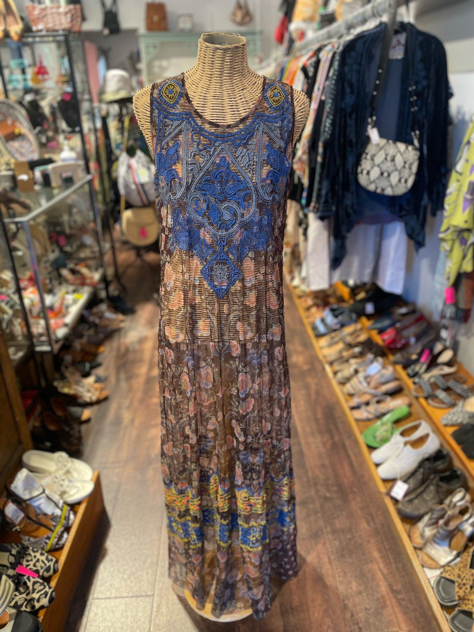 Biya Johnny Was Brown & Blue Mesh embroidered Layered Dress, Size M