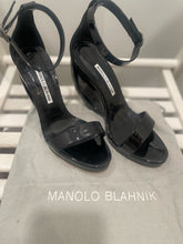 Load image into Gallery viewer, Manolo Blahnik Black Patent Leather Wedge sandal, Dusters Incl.,Size 38.5
