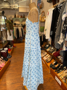 Oliphant White & Blue Cotton Print Maxi Dress, Size XS