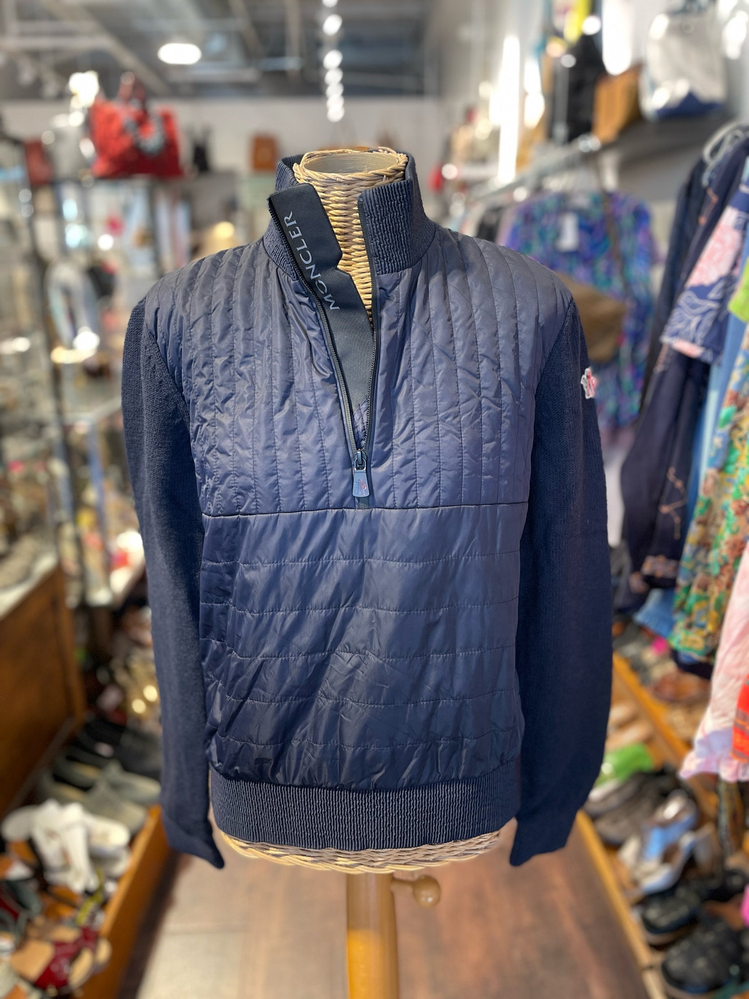 MONCLER Navy blue Knit solid half button Nylon front Sweater, Size S