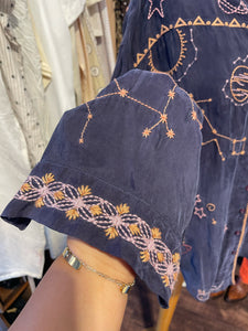 Johnny Was Navy cupra/rayon embroidered Button up Top, Size XS