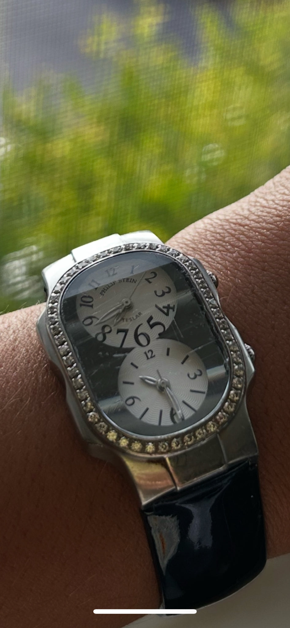 Philip Stein Black & silver patent W/Diamonds Watch, AS IS