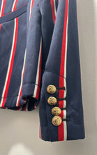 Load image into Gallery viewer, ALTUZARRA navy, red &amp; white wool, cotton, acetate &amp; polyester stripes Military style Blazer, Size 38
