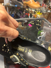 Load image into Gallery viewer, Birkenstock Black &amp; Gold Suede slides Shoe, Size 39
