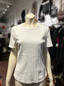 Veronica Beard White Cotton Blend Ribbed W/Rhinestone Top, Size L