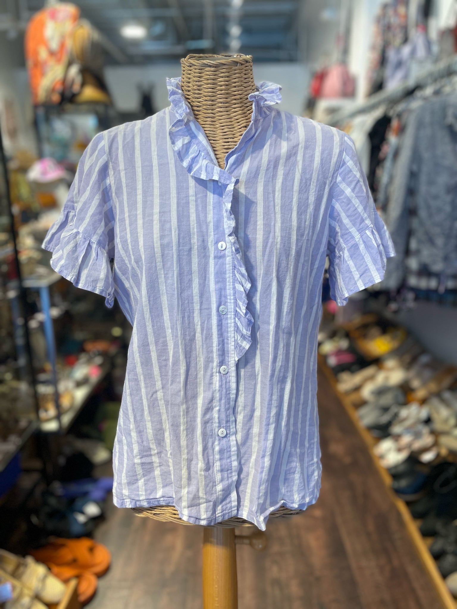 Mille Purple & White Cotton Stripe Button up Top, Size S