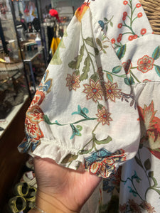 Johnny Was White Print Cotton Floral Short sleeve open neck Top, Size M