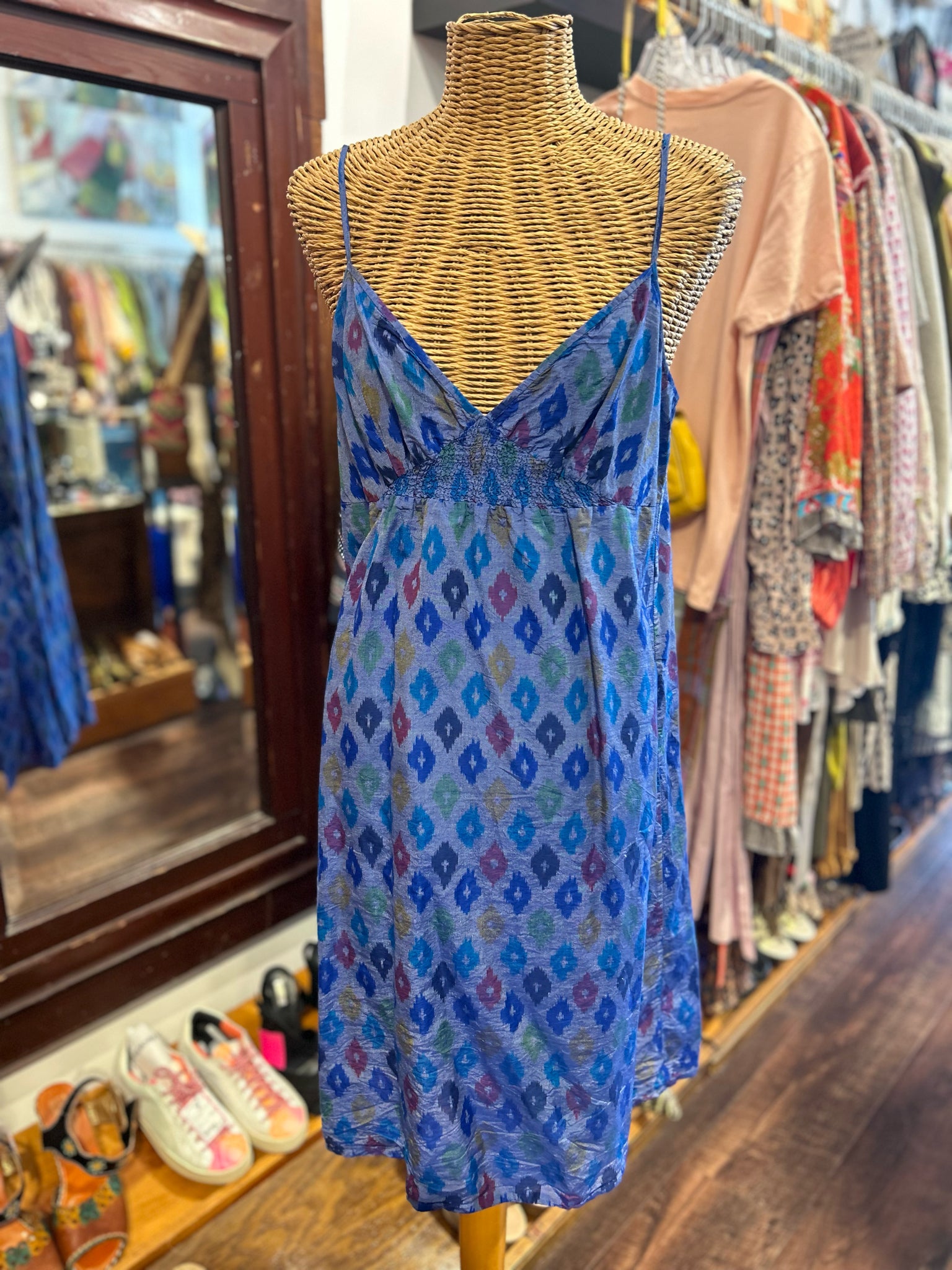 Matta Blue multi Cotton & Silk Babydoll tank Dress, Size L