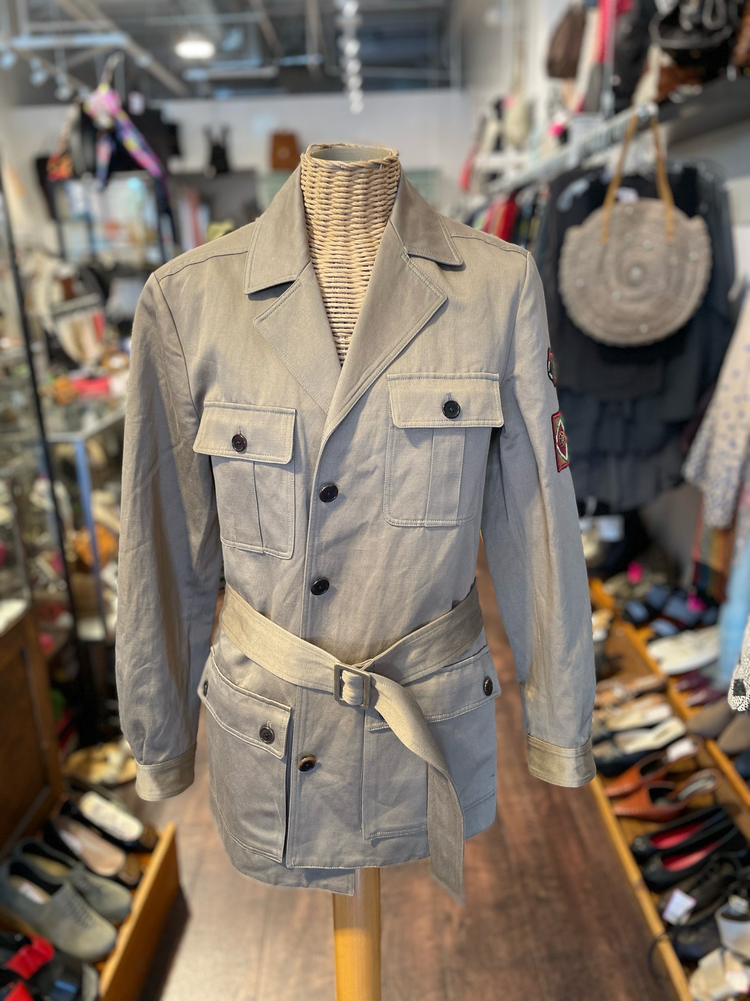 Saint Laurent Tan Cotton/Linen patches Belted Military Jacket, Size 42 AS IS-needs cleaning