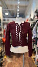 Load image into Gallery viewer, SANDRO Maroon Viscose blend zig zag cutouts Button Up Sweater, Size S/M
