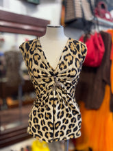 Load image into Gallery viewer, Roberto Cavalli Beige &amp; Black Polamide Leopard deep v brooch Top, Size 42
