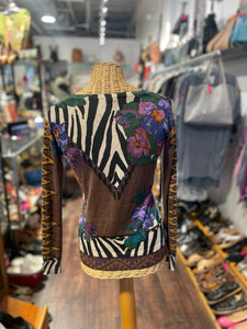 ETRO black, white, purple silk cashmere mixed print Long sleeve v neck Top, Size 40
