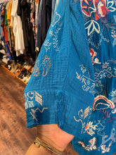 Load image into Gallery viewer, Biya blue, white, orange cotton &amp; poly embroidered raw hem Top, Size S
