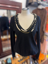 Load image into Gallery viewer, Moschino Black Angora Blend pearl &amp; chain collar Vintage Sweater, missing size label, Size S
