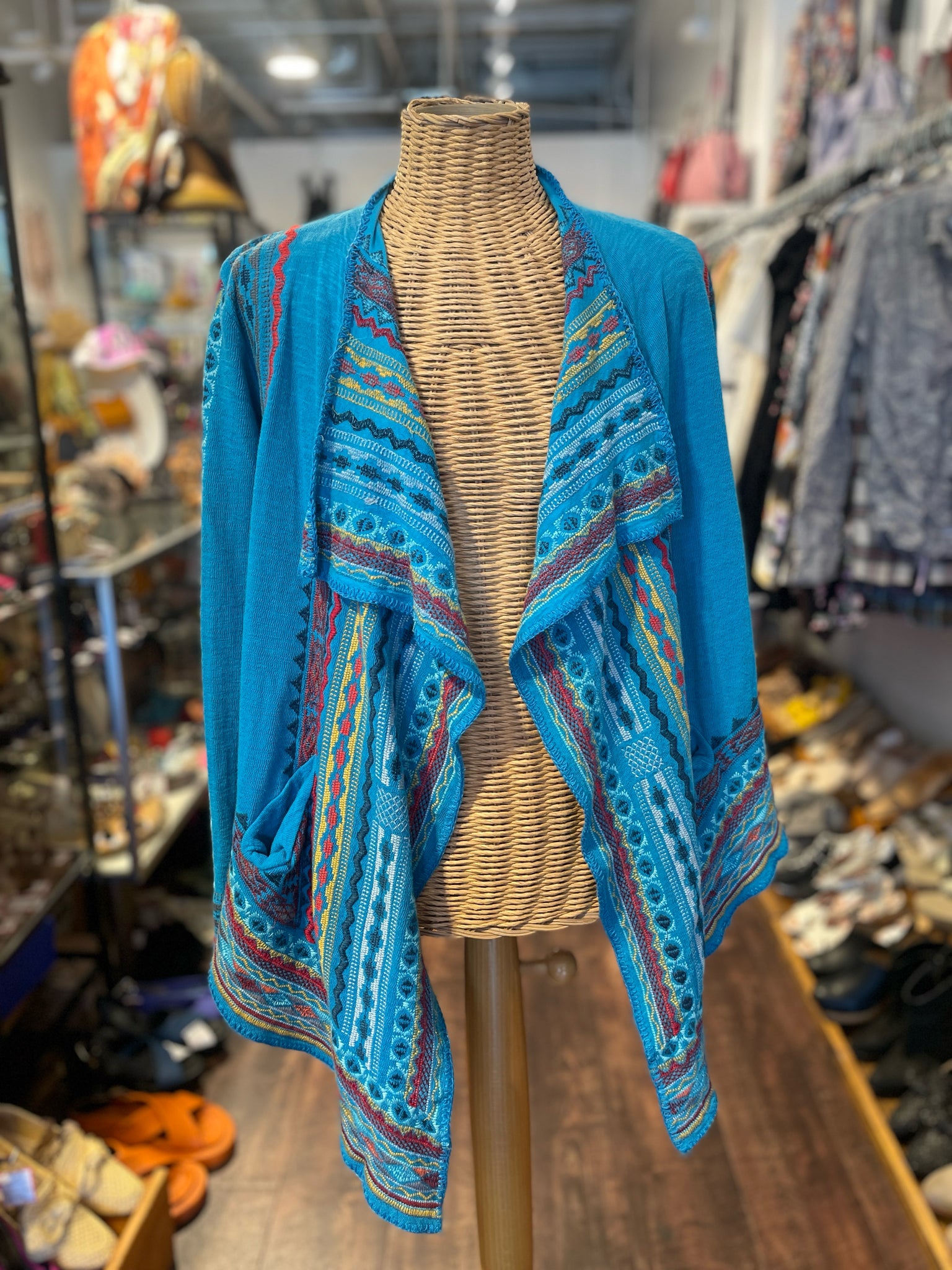 Johnny Was Blue Cotton embroidered layering top, Size S