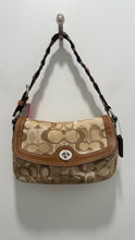 Load image into Gallery viewer, Coach tan &amp; brown Leather &amp; Canvas Logo Size Small hand bag Purse

