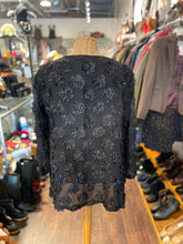 Load image into Gallery viewer, Issey Miyake Black Rayon "fringe floral" embellished Flowy Top, Size M
