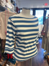 Load image into Gallery viewer, marianna deri ivory &amp; blue Cotton striped Mid sleeves boat neck Top
