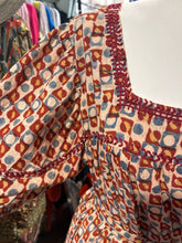 Load image into Gallery viewer, Umber &amp; Ochre red, blue, yellow square &amp; circles belt tie Dress, Size M/L
