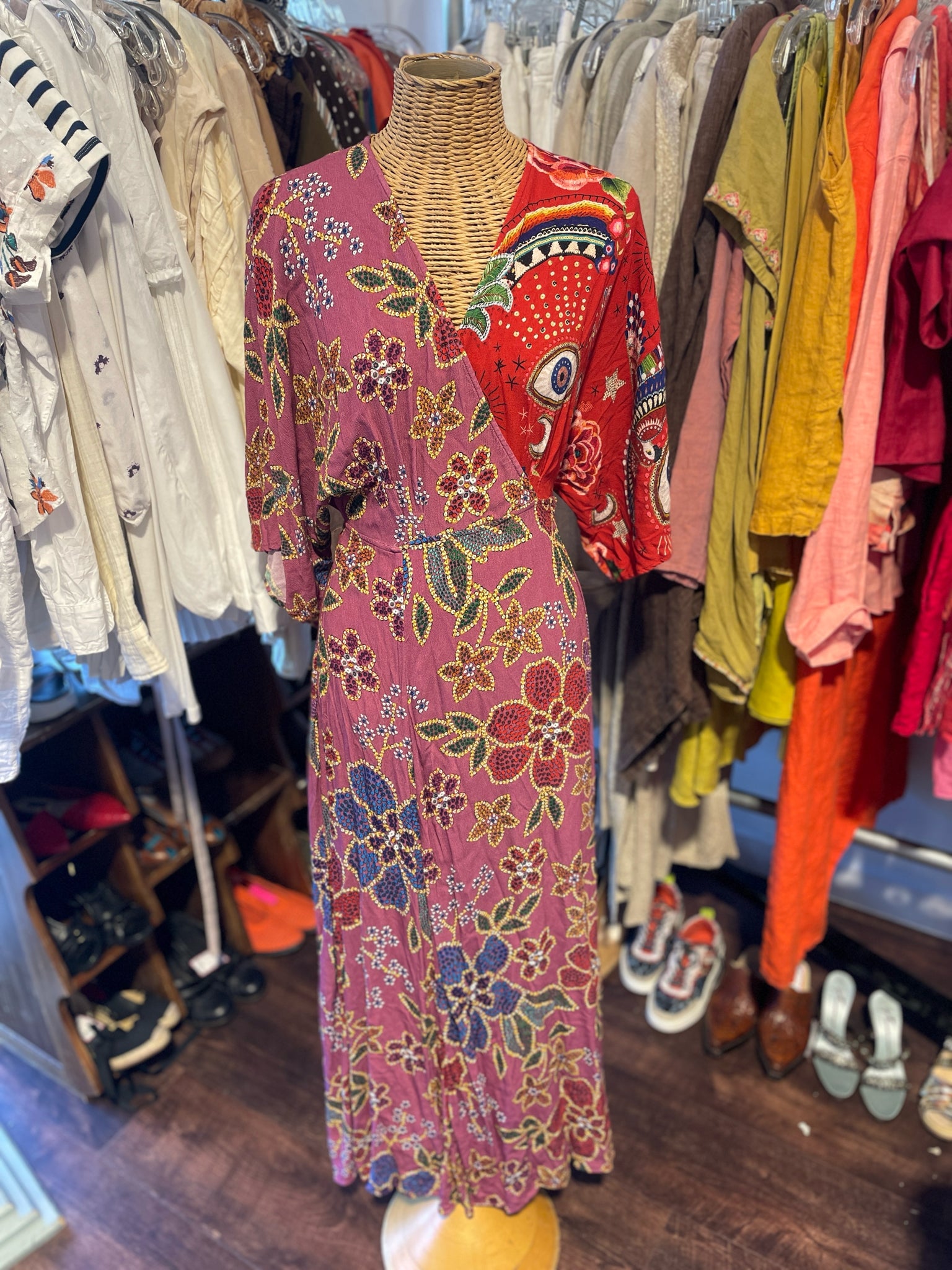 FARM Rio Purple & Red Viscose floral & doodles wrap dress Dress, Size L