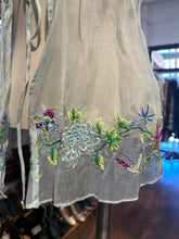 Load image into Gallery viewer, Erica Tanov Teal Silk Floral embroidery shortsleeve sheer Top, Size 2=M
