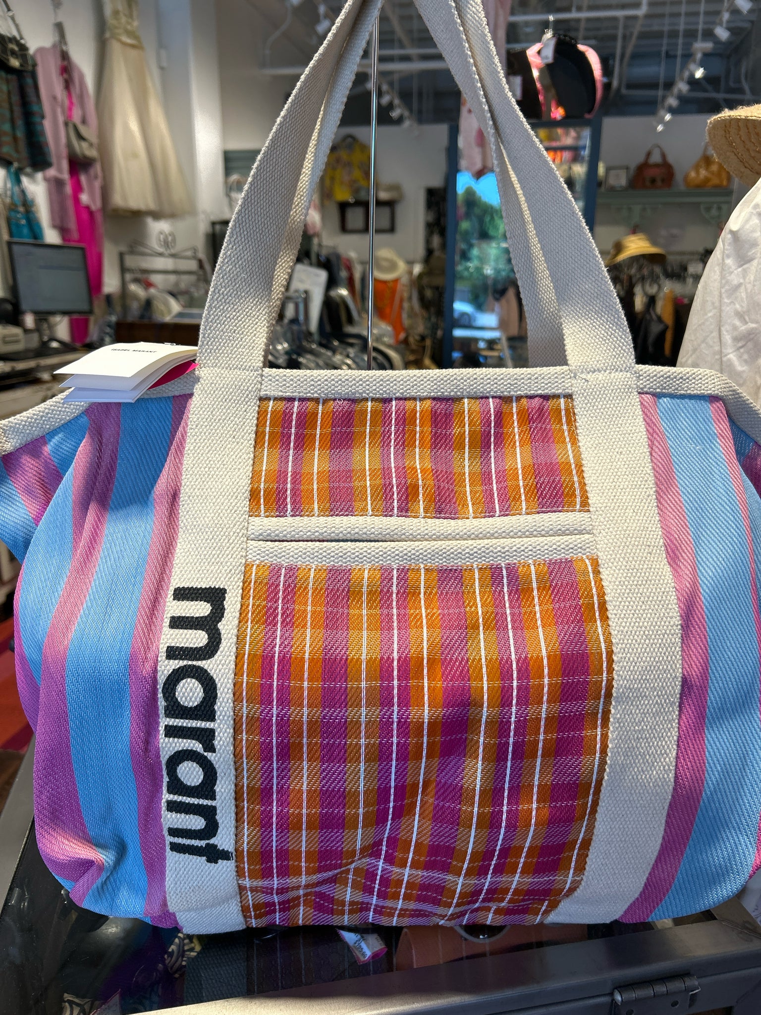 ISABEL MARANT Blue/Pink Woven stripe/plaid Size L Logo Tote