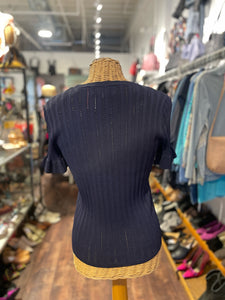 Pearl Navy Viscose blend cut outs & ruffles Top, Size M