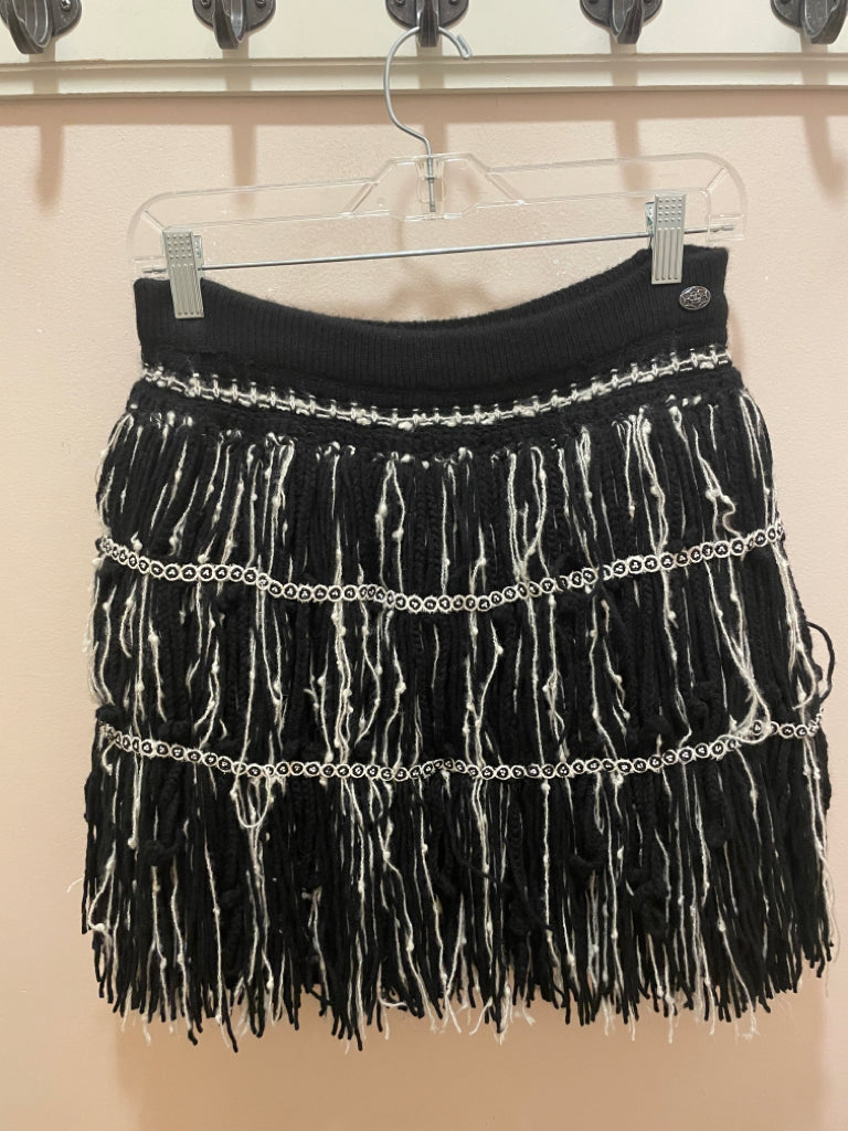 Used CHANEL Black & White Cashmere/Wool Blend Fringe Mini Skirt, Size 38