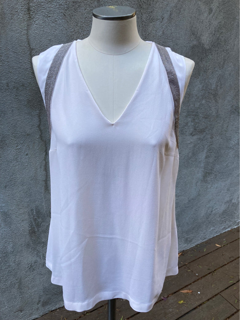 Brunello Cuccinelli Beige Silk Beaded Trim Top, Size M